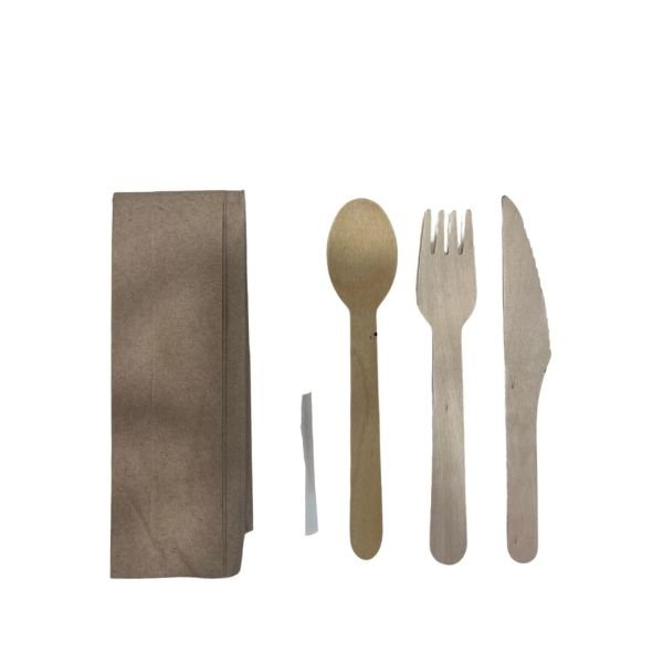 Dinner Set 5 Piece Wooden Fork, Knife, Spoon, Napkin, Toothpick
