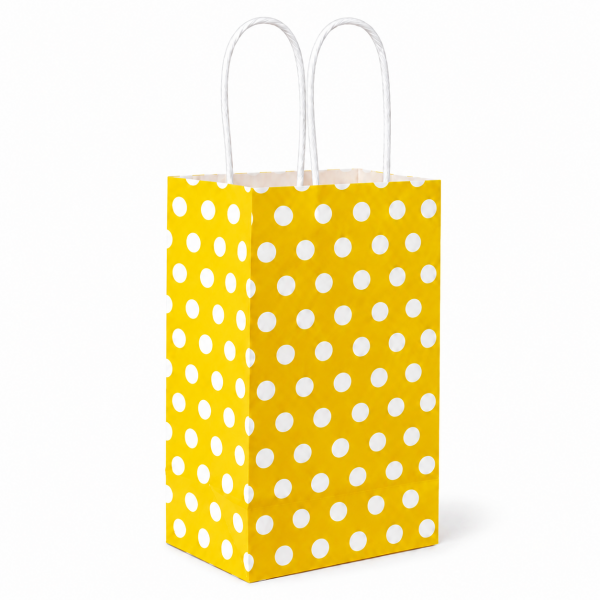 Çanta Beyaz Kraft Sarı Puantiyeli 12,5x26x8 Cm Burgu Sap Şişe Çantası