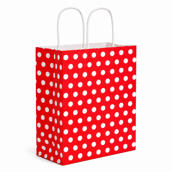 Çanta Beyaz Kraft 18x24x9 cm Burgu Sap Kırmızı Puantiyeli