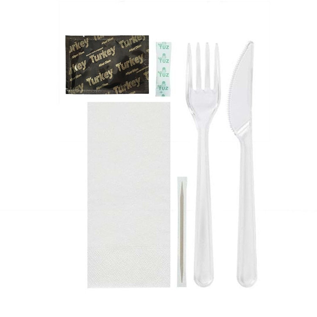 სადილის ნაკრები 6 ცალიანი ჩანგალი, დანა, სველი და მშრალი ხელსახოცი, კბილის ჩხირი და მარილი 