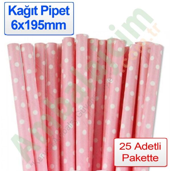 Pipet Kağıt 6x195mm Puantiyeli 25 Adetli Pembe Üzeri Beyaz Puantiye