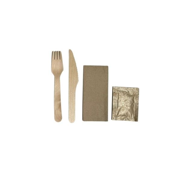Dinner Set 4 Piece Wooden Fork, Knife, Napkin, Wet Wipe